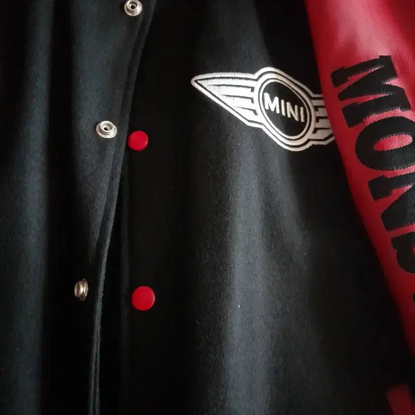 [BUNJANG] MINI Logo Leather Sleeve Baseball Jacket / MINI 로고 야구점퍼