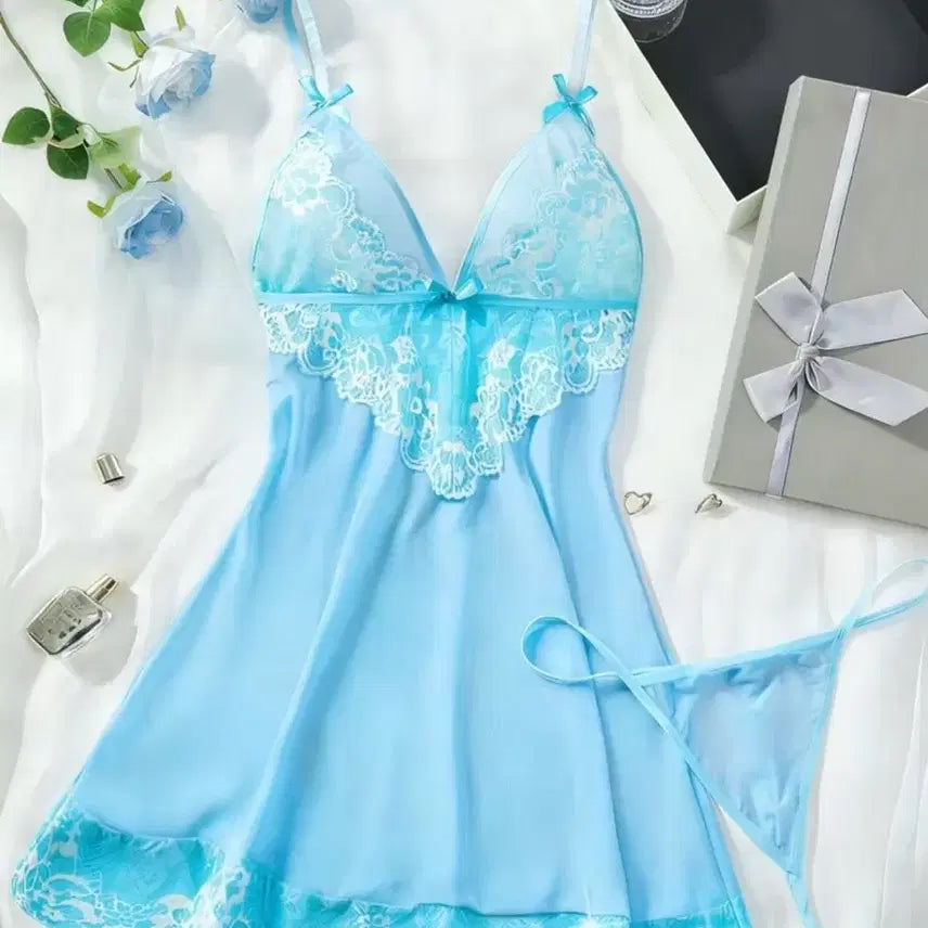 [BUNJANG] Sexy Blue Lace Mini Dress Pajama Set with Thong - Size S / 섹시 블루 나이트 드레스 미니 원피스 파자마 + 끈팬티 S 사이즈