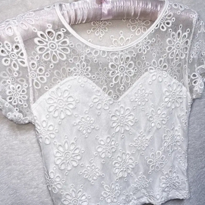 [BUNJANG] Romantic Gyaru Sheer Lace Short Sleeve Top / 로맨틱갸루 로걀 시스루레이스 망사 반팔탑 히메 오네 아게하 헤이세이 섹시