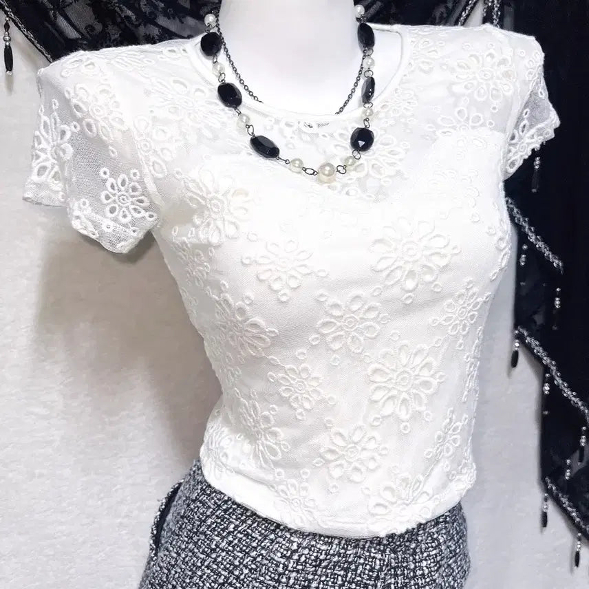 [BUNJANG] Romantic Gyaru Sheer Lace Short Sleeve Top / 로맨틱갸루 로걀 시스루레이스 망사 반팔탑 히메 오네 아게하 헤이세이 섹시