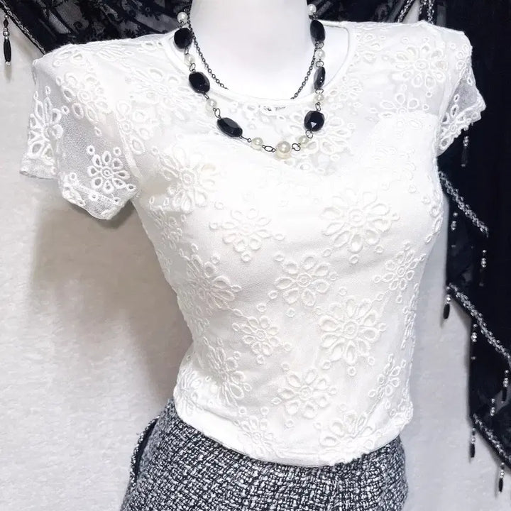 [BUNJANG] Romantic Gyaru Sheer Lace Short Sleeve Top / 로맨틱갸루 로걀 시스루레이스 망사 반팔탑 히메 오네 아게하 헤이세이 섹시