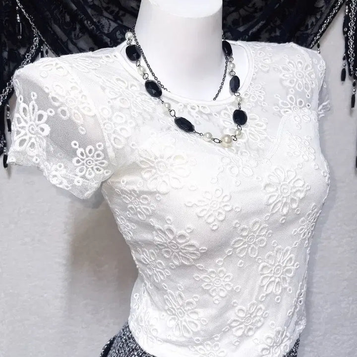 [BUNJANG] Romantic Gyaru Sheer Lace Short Sleeve Top / 로맨틱갸루 로걀 시스루레이스 망사 반팔탑 히메 오네 아게하 헤이세이 섹시