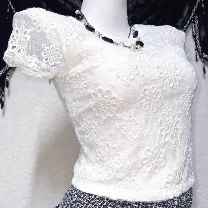 [BUNJANG] Romantic Gyaru Sheer Lace Short Sleeve Top / 로맨틱갸루 로걀 시스루레이스 망사 반팔탑 히메 오네 아게하 헤이세이 섹시