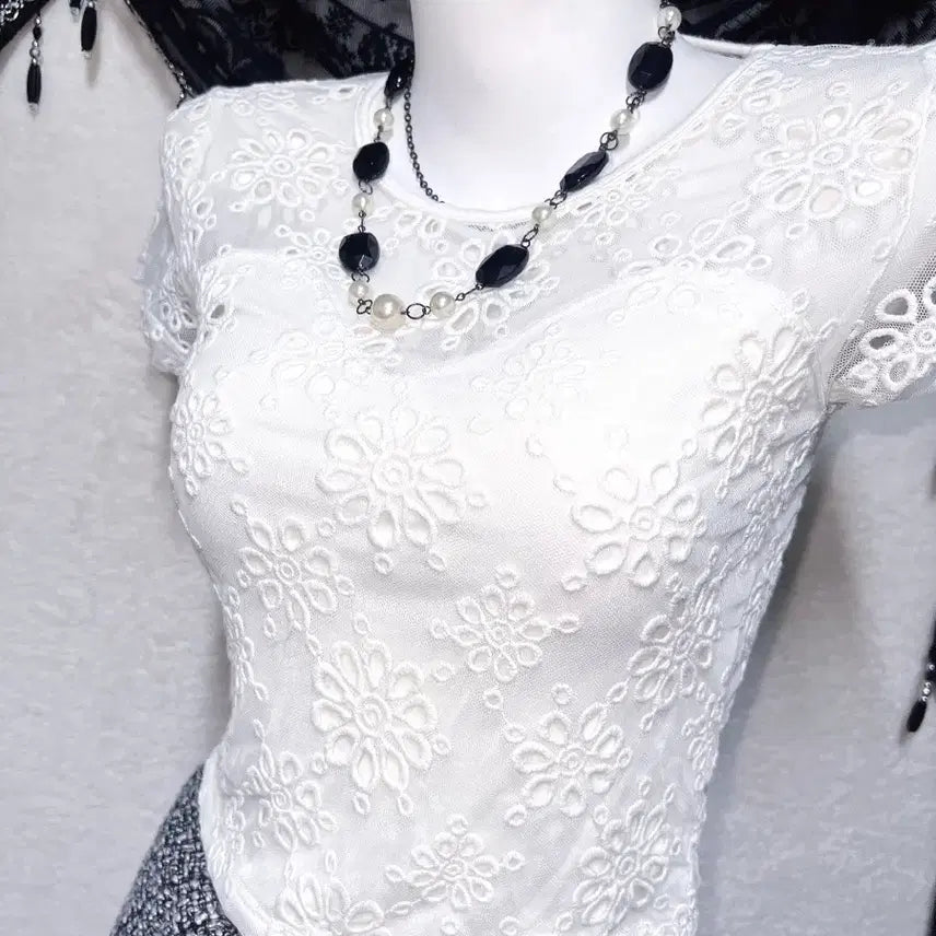 [BUNJANG] Romantic Gyaru Sheer Lace Short Sleeve Top / 로맨틱갸루 로걀 시스루레이스 망사 반팔탑 히메 오네 아게하 헤이세이 섹시