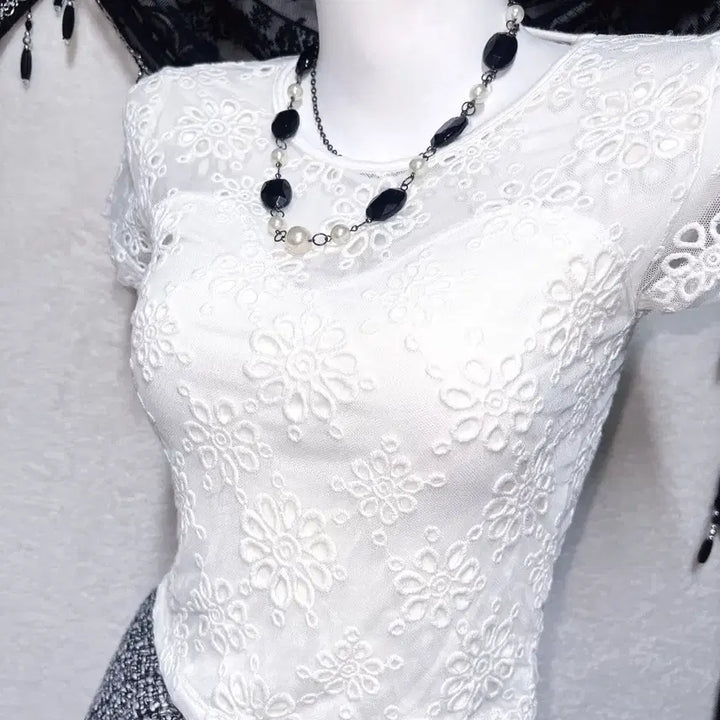 [BUNJANG] Romantic Gyaru Sheer Lace Short Sleeve Top / 로맨틱갸루 로걀 시스루레이스 망사 반팔탑 히메 오네 아게하 헤이세이 섹시