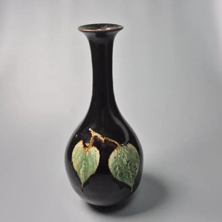 [BUNJANG] NamSong Giju Yo Black Glaze Leaf Pattern Vase / 남송 길주요 흑유 목엽문 장경병