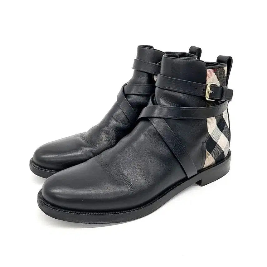 [BUNJANG] Burberry Black Leather Ankle Boots Check Pattern / 정품 버버리 블랙 레더 앵클 부츠 체크패턴