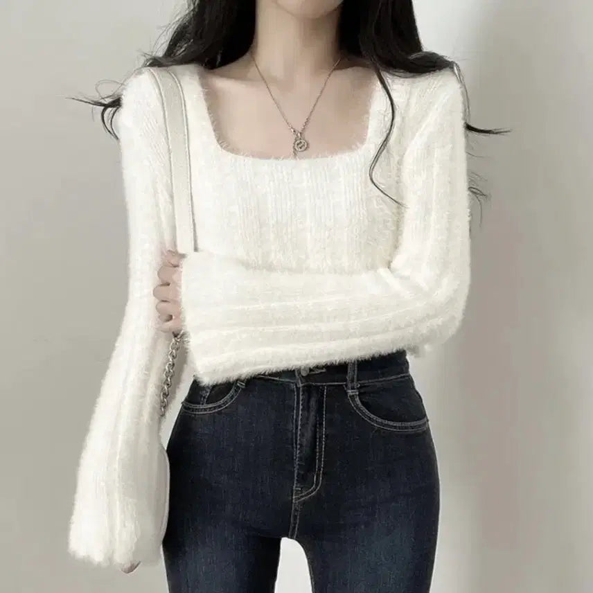 [BUNJANG] Angora Square Neck Knit Top / 앙고라 스퀘어 니트