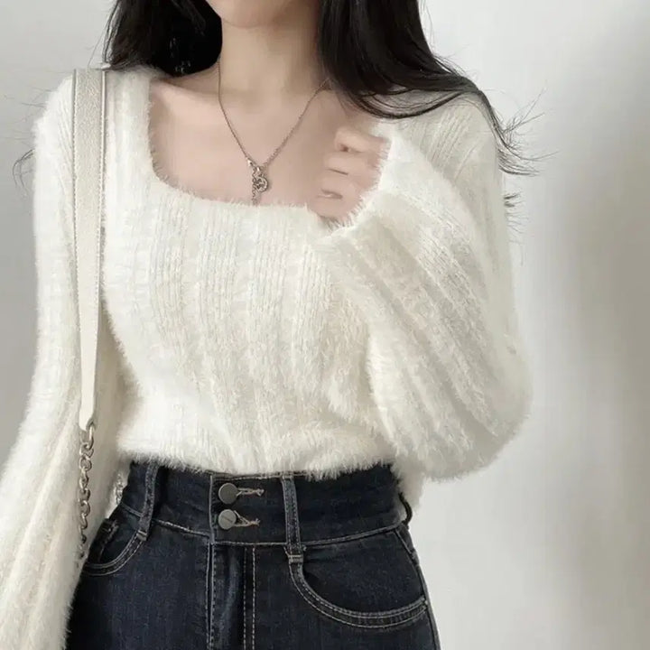 [BUNJANG] Angora Square Neck Knit Top / 앙고라 스퀘어 니트