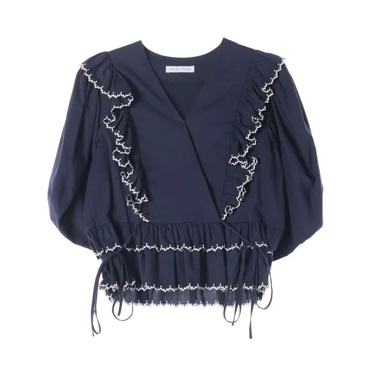 [BUNJANG] BOCAVACA 23SS Rosha Ruffle Blouse Navy / 보카바카 23SS 로샤 러플 블라우스 네이비