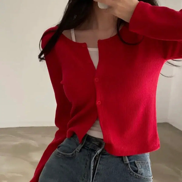 [BUNJANG] Red Ribbed Knit Cardigan / 에이블리 레드 골지 가디건