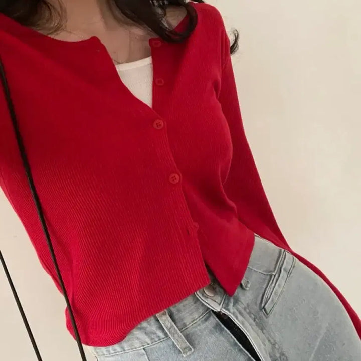 [BUNJANG] Red Ribbed Knit Cardigan / 에이블리 레드 골지 가디건