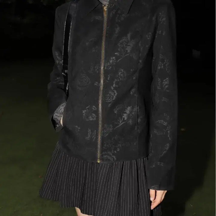 [BUNJANG] Rose Jacquard Suede Zip-Up Jacket / 로즈 자카드 스웨이드 집업 자켓