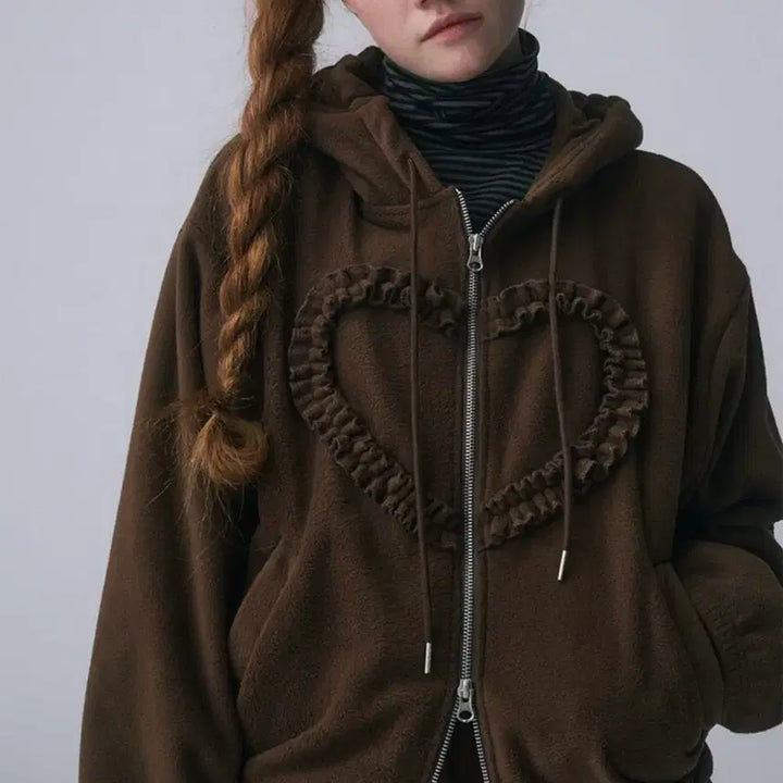 [BUNJANG] Funfromfun Heart Frill Hood Zip-up Fleece Brown / 펀프롬펀 하트 프릴 후드집업 후리스 브라운