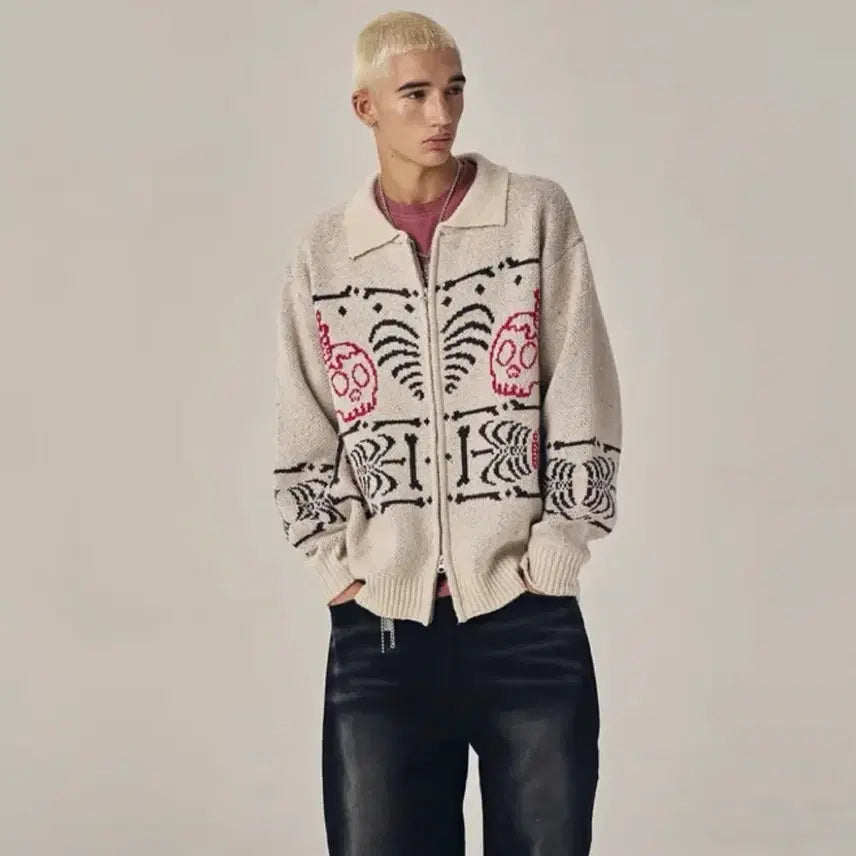 [BUNJANG] Skeleton Heart Knit Zip-up - Ivory / 스켈레톤 하트 니트 집업 - 아이보리