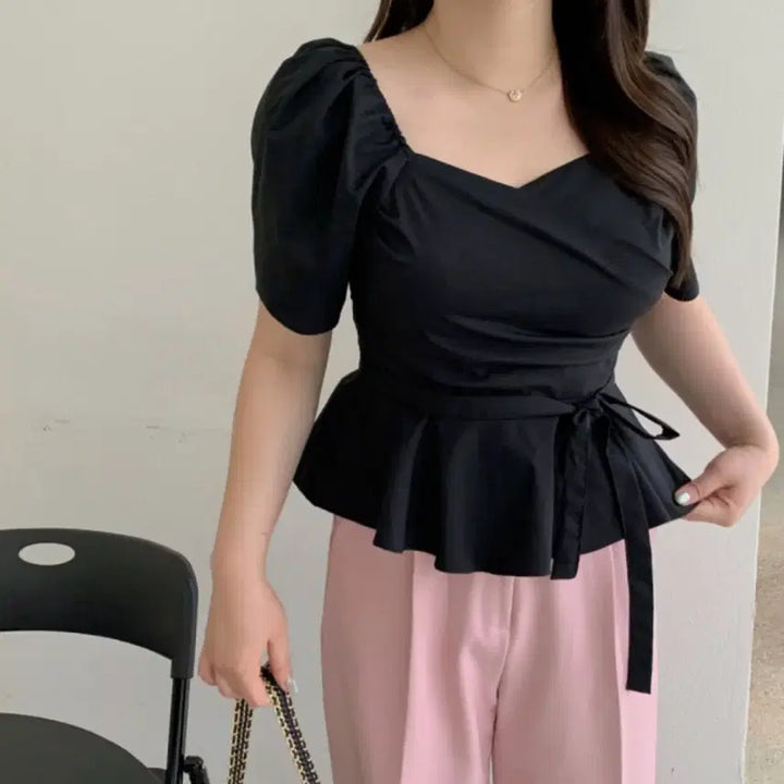 [BUNJANG] Flatper Giselle2 Summer Ver. Shirring Ribbon Belt Blouse / 플랫퍼 MADE 지젤2 썸머ver 셔링 리본 벨트 반팔 프릴 블라우스