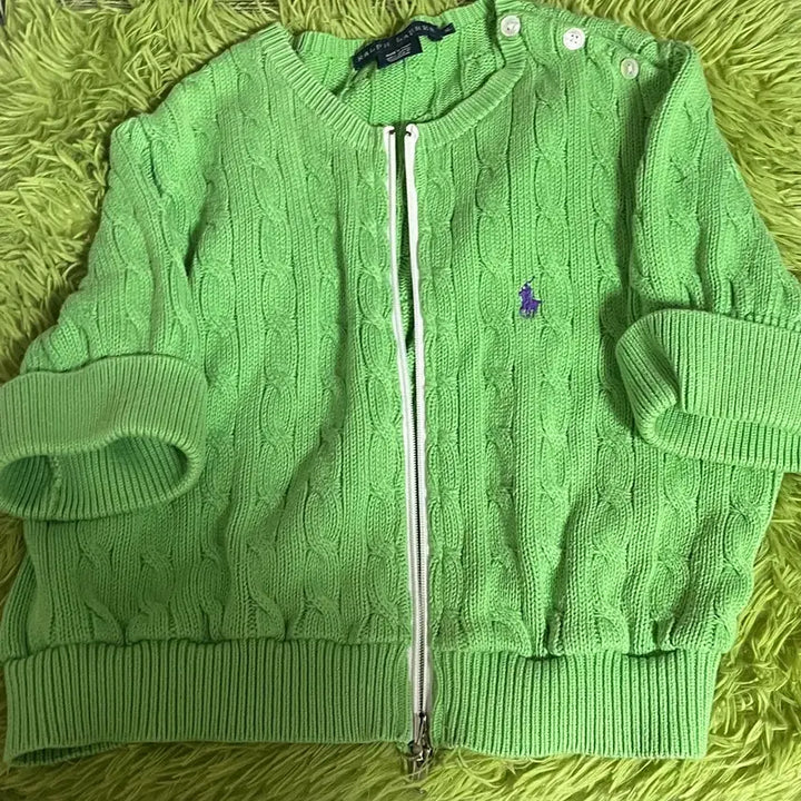 [BUNJANG] Polo Ralph Lauren Two-Way Zipper Cable Knit Short Sleeve Cardigan Green / 폴로 투웨이 지퍼 케이블 반팔 니트 가디건 그린