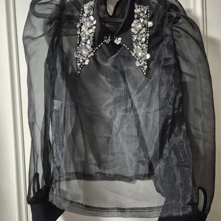 [BUNJANG] Black Sheer Cubic Collar Blouse / 블랙 시스루 큐빅 카라 블라우스