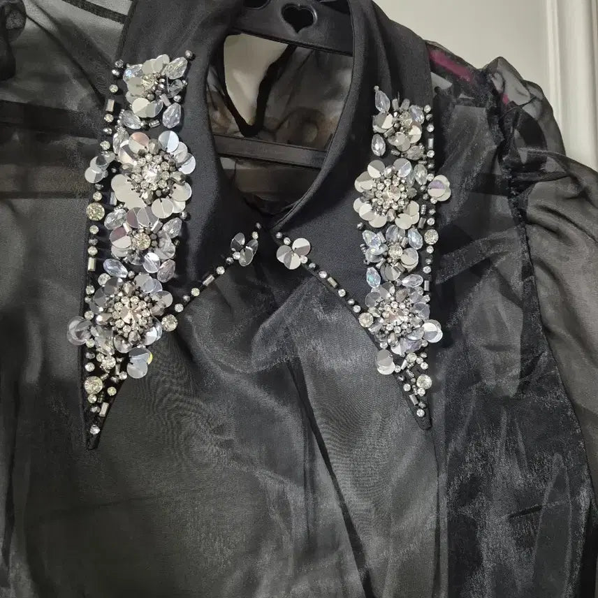 [BUNJANG] Black Sheer Cubic Collar Blouse / 블랙 시스루 큐빅 카라 블라우스