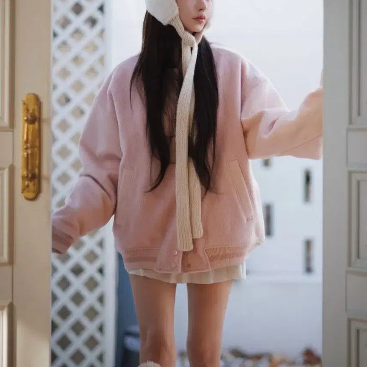 [BUNJANG] KINDAME Varsity Jacket - Lupi Pink / 카인다미 배색 바시티 자켓 루피핑크-F