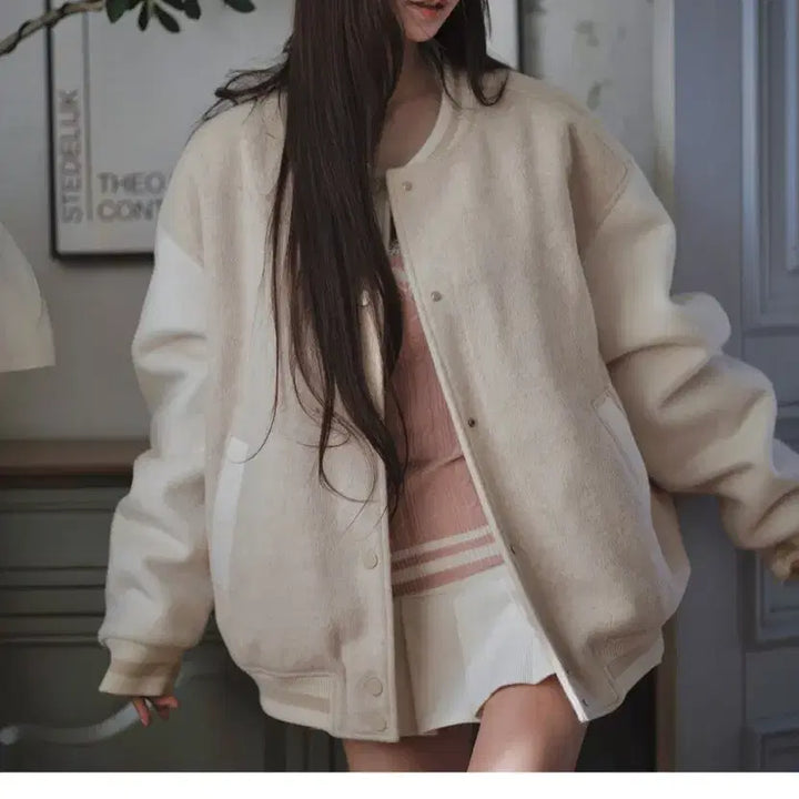 [BUNJANG] KINDAME Varsity Jacket - Lupi Pink / 카인다미 배색 바시티 자켓 루피핑크-F