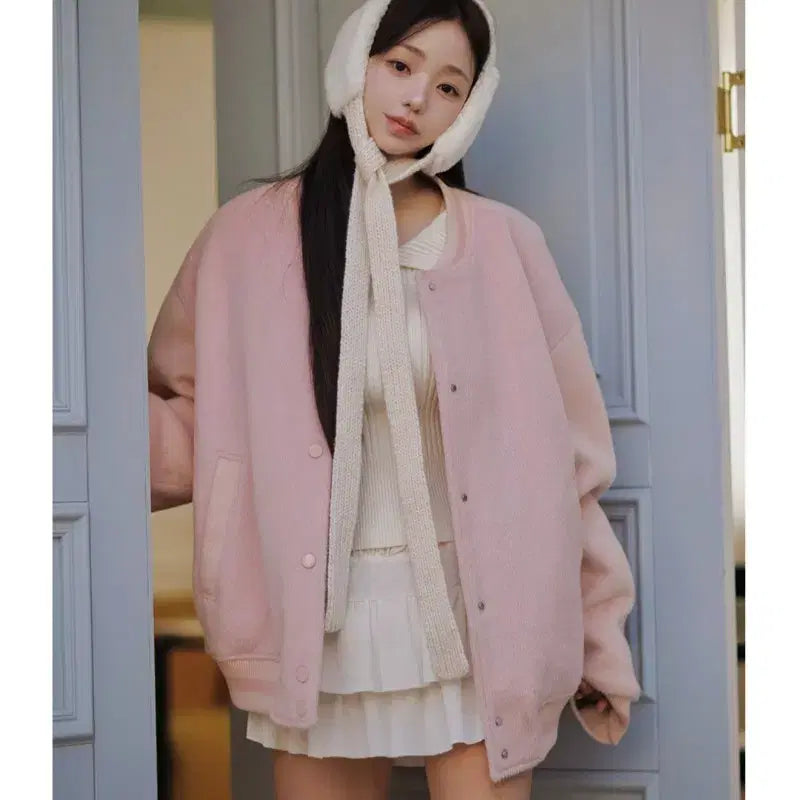 [BUNJANG] KINDAME Varsity Jacket - Lupi Pink / 카인다미 배색 바시티 자켓 루피핑크-F