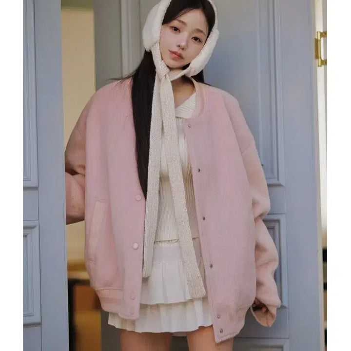 [BUNJANG] KINDAME Varsity Jacket - Lupi Pink / 카인다미 배색 바시티 자켓 루피핑크-F