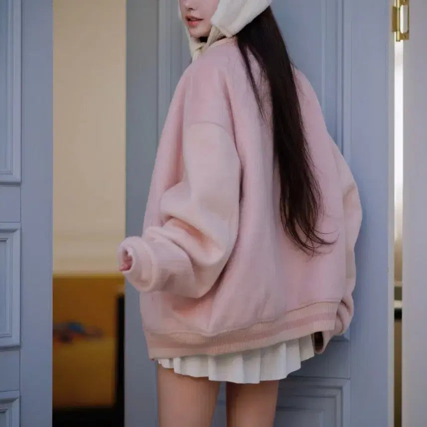 [BUNJANG] KINDAME Varsity Jacket - Lupi Pink / 카인다미 배색 바시티 자켓 루피핑크-F