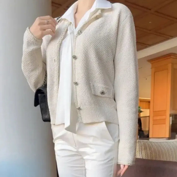 [BUNJANG] Honeycomb Tweed Cardigan - Ivory / 벌짚짜임 트위드 가디건/아이보리