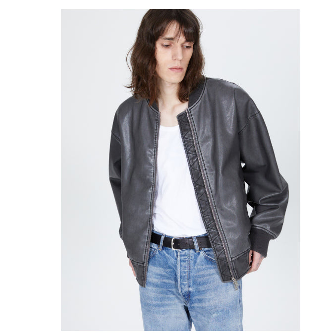 [BUNJANG] Unspecified Brand Pigment Washed Vegan Leather Jacket / 정가3.98 새거쿨거택포3.2  크롭 오버핏 피그먼트워싱남자레더자켓(존멋