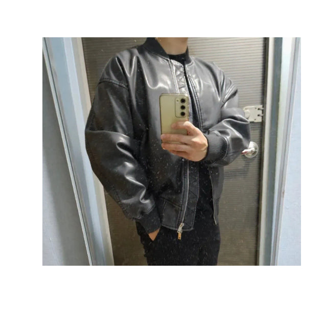 [BUNJANG] Unspecified Brand Pigment Washed Vegan Leather Jacket / 정가3.98 새거쿨거택포3.2  크롭 오버핏 피그먼트워싱남자레더자켓(존멋