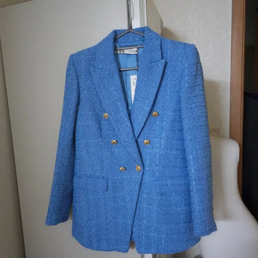 [BUNJANG] Zara Blue Tweed Gold Button Jacket / 새상품)자라 블루 트위드 금장 버튼 자켓