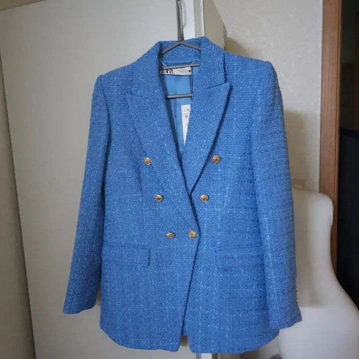 [BUNJANG] Zara Blue Tweed Gold Button Jacket / 새상품)자라 블루 트위드 금장 버튼 자켓