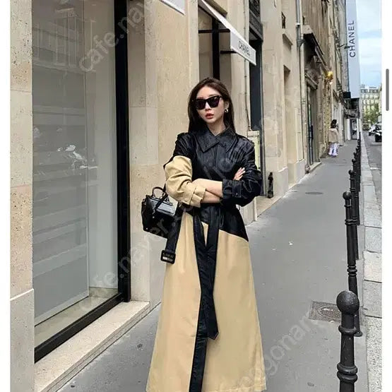 [BUNJANG] BRON Two-Tone Leather Trench Coat / 브론 배색 반반 레더트렌치코트