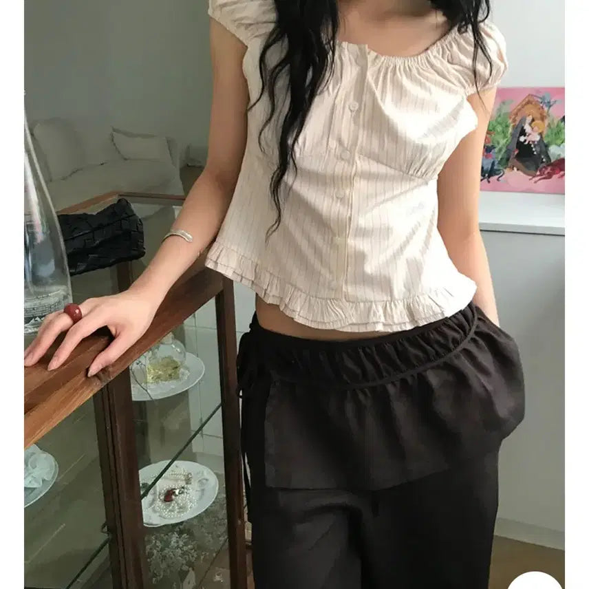 [BUNJANG] Niuwen Stripe Short-Sleeve Blouse Pink / 새상품) 느웬 스트라이프 반팔 니어 블라우스 핑크