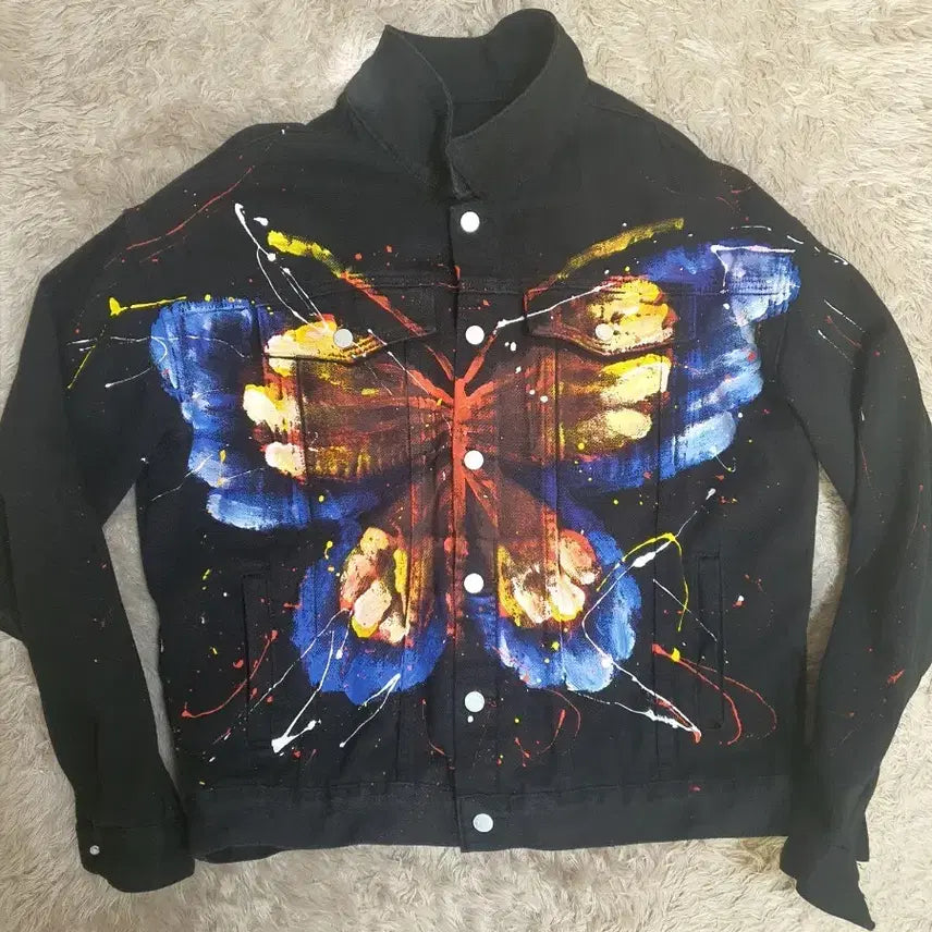 [BUNJANG] Black Painted Denim Jacket (Size 100-105) / 블랙 페인팅 청 데님 자켓 사이즈 100~105