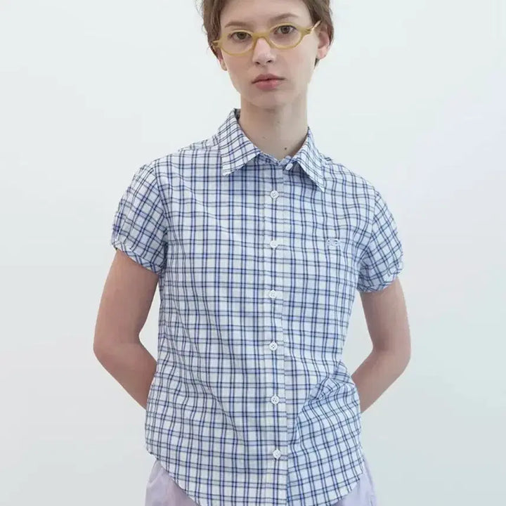 [BUNJANG] Enjoys Blues Check Half Sleeve Shirt Sky Blue Puff Sleeve Blouse / 엔조블루스 체크 하프 슬리브 셔츠 Sky 블루 퍼프 소매 블라우스