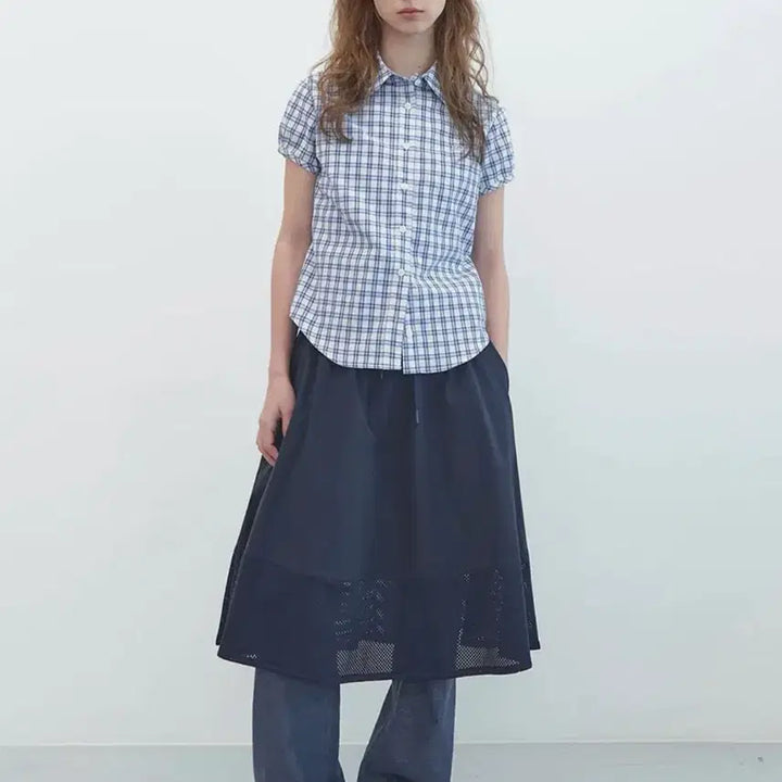 [BUNJANG] Enjoys Blues Check Half Sleeve Shirt Sky Blue Puff Sleeve Blouse / 엔조블루스 체크 하프 슬리브 셔츠 Sky 블루 퍼프 소매 블라우스