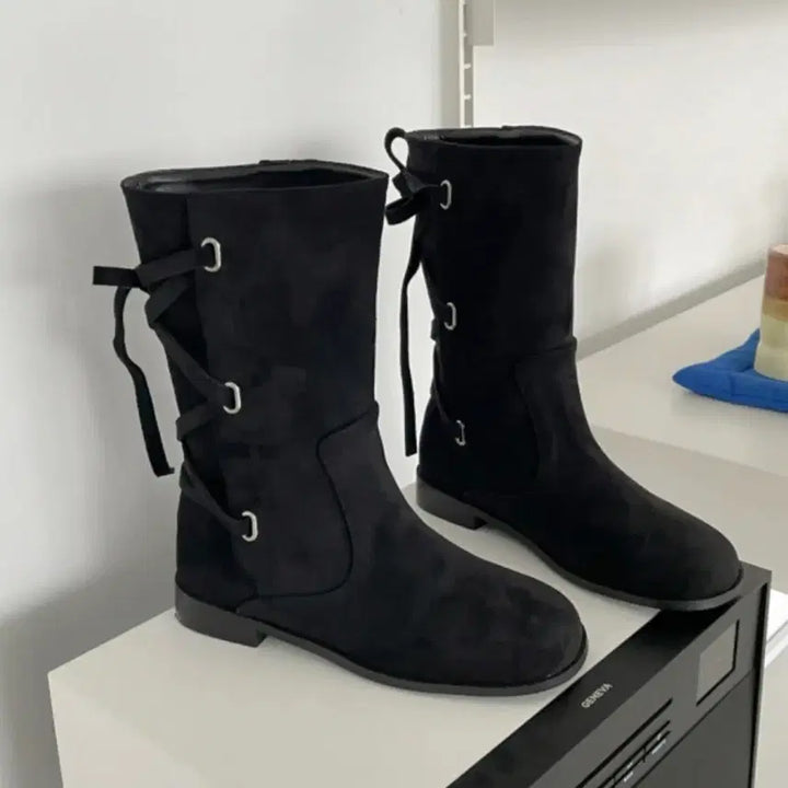 [BUNJANG] Ribbon Point Suede Mid Boots / 리본 포인트 스웨이드 미들부츠