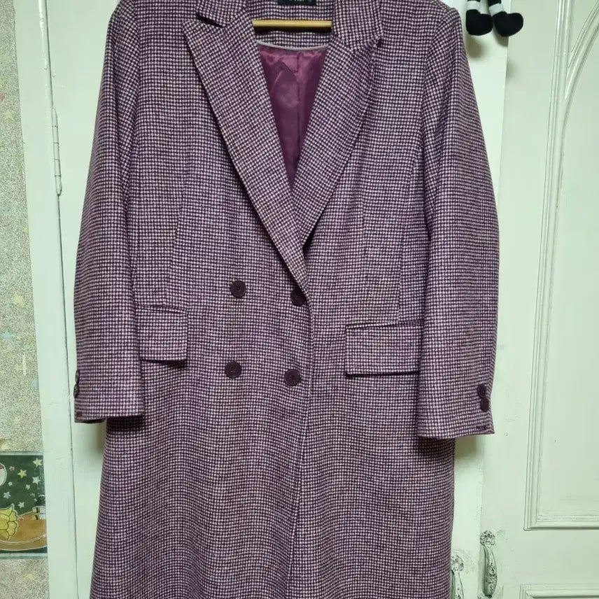 [BUNJANG] ANOTHER THAT Check Double Long Coat - Purple / 앤댓 체크 더블 롱코트 퍼플