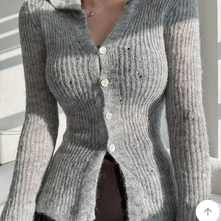 [BUNJANG] Gray Angora Knit Cardigan / 그레이) 앙고라 여리핏 카라 니트 가디건 슬림핏 허리쏙 미시룩 에이블리