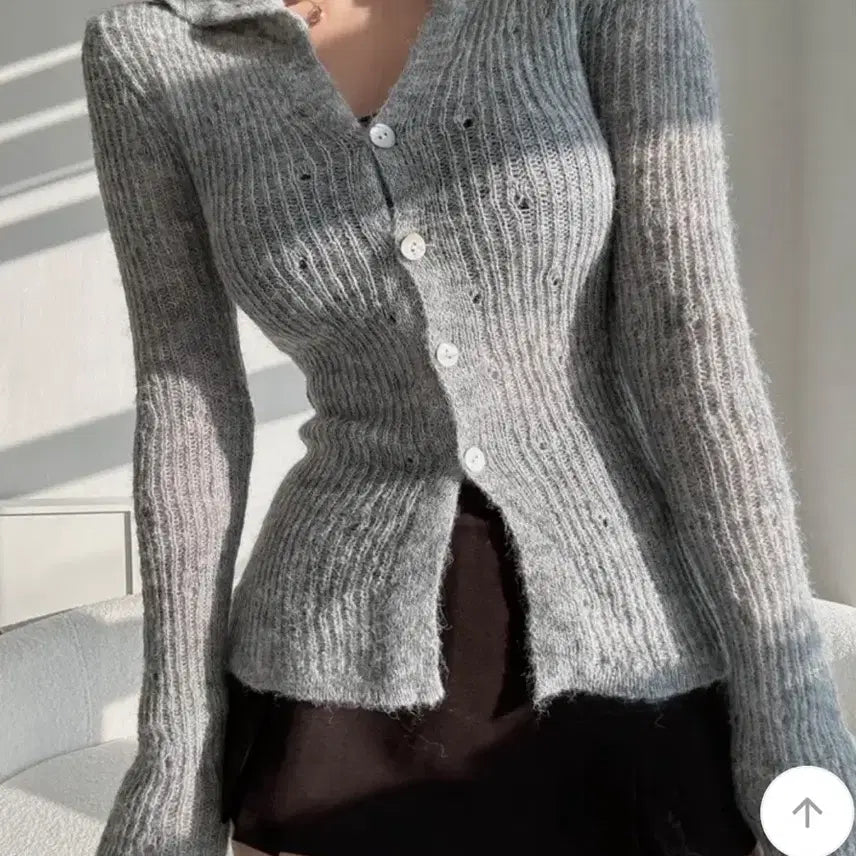 [BUNJANG] Gray Angora Knit Cardigan / 그레이) 앙고라 여리핏 카라 니트 가디건 슬림핏 허리쏙 미시룩 에이블리