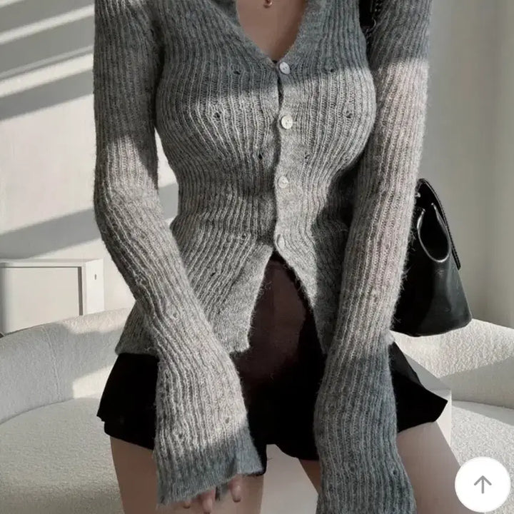 [BUNJANG] Gray Angora Knit Cardigan / 그레이) 앙고라 여리핏 카라 니트 가디건 슬림핏 허리쏙 미시룩 에이블리