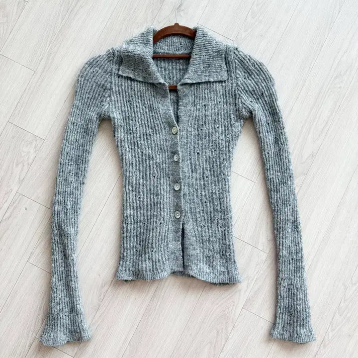 [BUNJANG] Gray Angora Knit Cardigan / 그레이) 앙고라 여리핏 카라 니트 가디건 슬림핏 허리쏙 미시룩 에이블리