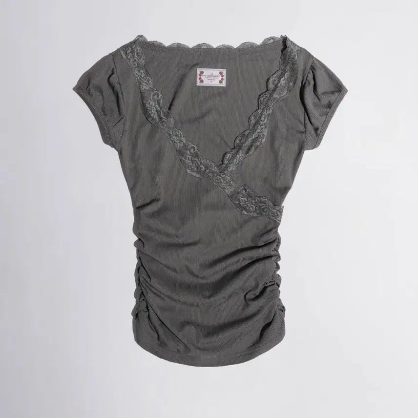 [BUNJANG] Sculptor Lace Trim Wrap Top (L) / 스컬프터 레이스 트림 랩 반팔 탑