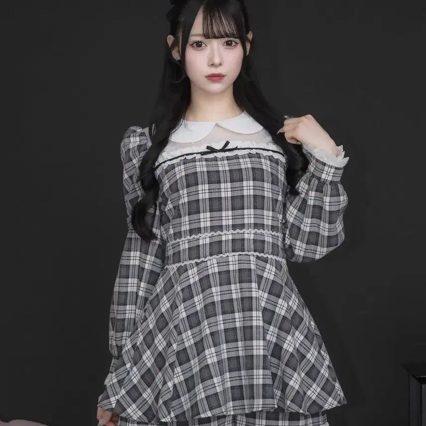 [BUNJANG] Pium Frill Dolly Checkered Dress Set / 피움 프릴 돌리 셋업 체크 원피스 양산형 양지뢰 스나계