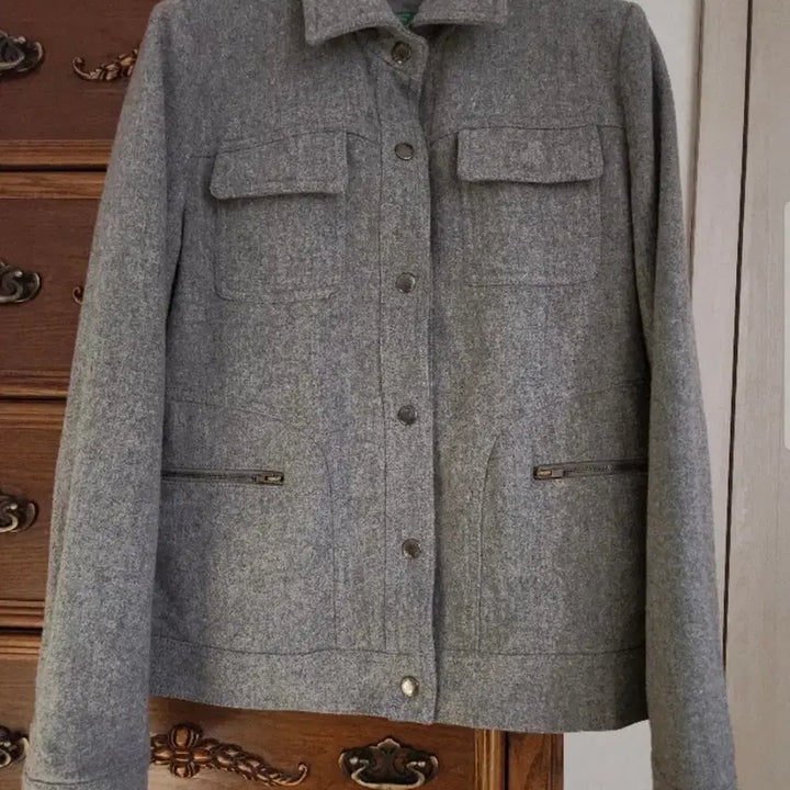 [BUNJANG] Benetton Wool Blend Gray Jacket / 베네통 울80%그레이 자켓 42(90) 스냅버튼 지퍼포켓 디테일