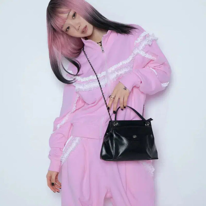[BUNJANG] Idang Club Lace Track Top Pink / 아이당클럽 레이스 트랙탑 핑크
