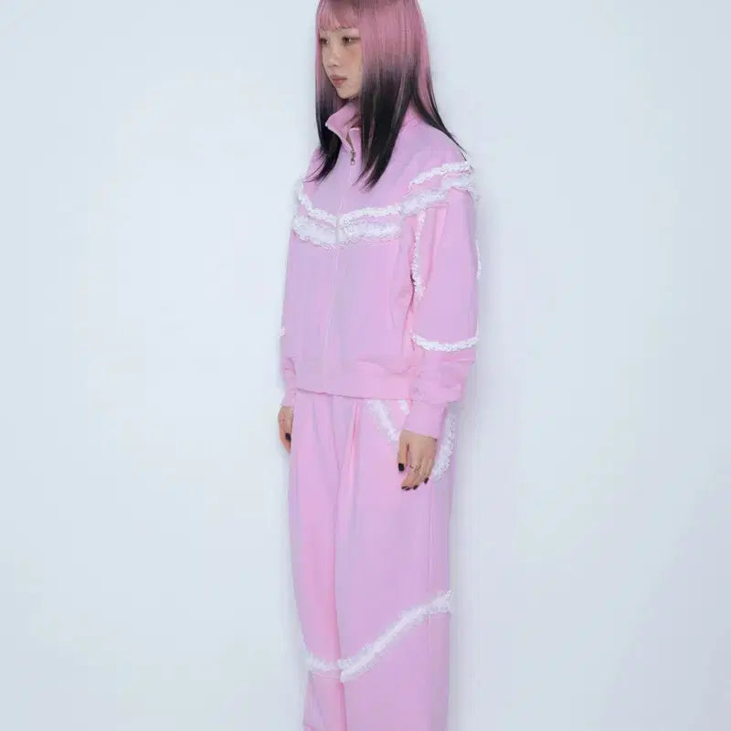 [BUNJANG] Idang Club Lace Track Top Pink / 아이당클럽 레이스 트랙탑 핑크