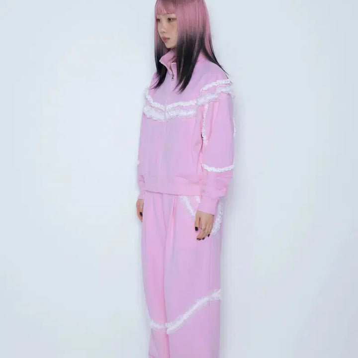 [BUNJANG] Idang Club Lace Track Top Pink / 아이당클럽 레이스 트랙탑 핑크